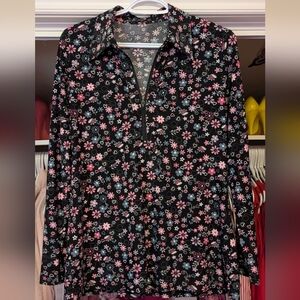 Women’s Black Floral And Hearts Zip-Front Long Sleeve Top